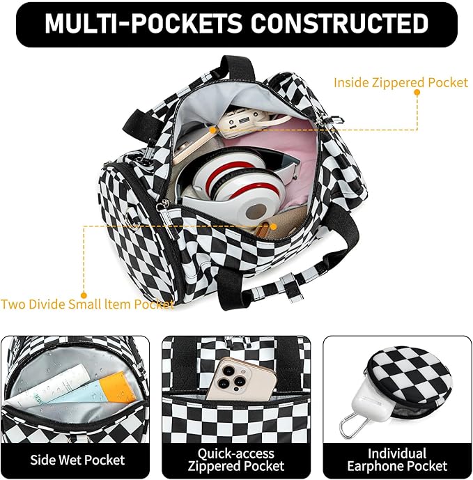 Mini Gym Bag for Women Girls Cute Small Duffle Bag 12'' with Multifunctional Pockets Workout Sport Bags Dance,Fitness,Yoga (Balck-white checkered)
