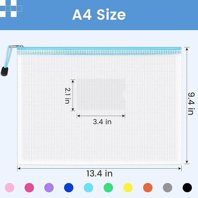 Sooez 14 Pack Mesh Zipper Pouch Bags, A4 Letter Size, Zipper Bags with Label Pocket, Waterproof Pouches for Classroom Organizer, Board Game Toy Storage, Document Bag for Teacher School Office Supplies