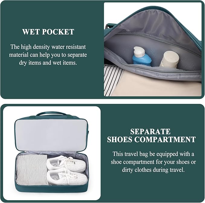 Weekender Bags for Women,Personal Item Travel Bag with Shoes Compartment,Overnight Travel Duffel Bag with Quilted Toiletry Bag,Peacock Blue