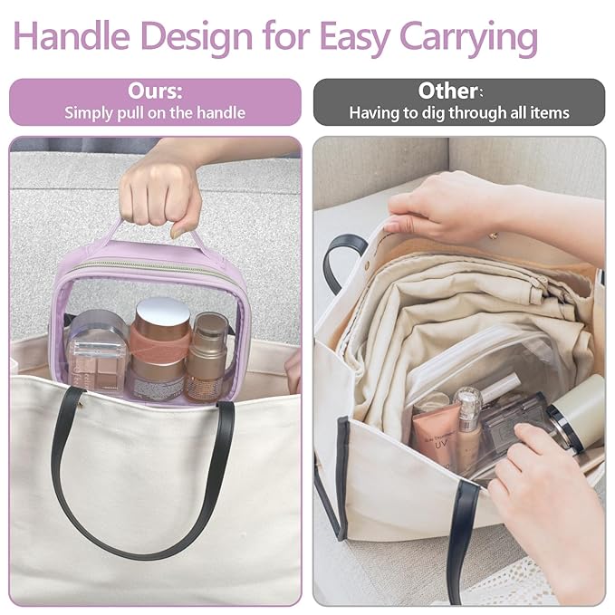 PACKISM Clear Makeup Bag Combo Pack, 1 TSA Approved Medium & Large for Checked Luggage, Clear Toiletry Bag with Handle, Water-resistant Travel Essentials Organizer, Purple