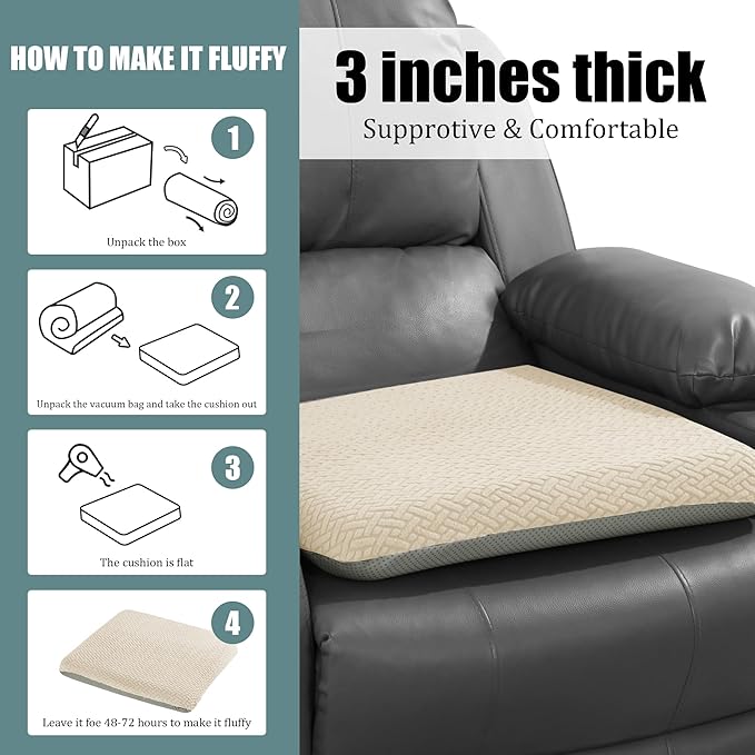 HOMBYS Tufted Furry Recliner Seat Cushion for Elderly Foam Curved Edge Large Square Seat Cushion for Recliner Chair, Floor Pillow, Office Chair, Car, No Pressure on Thighs(Beige)