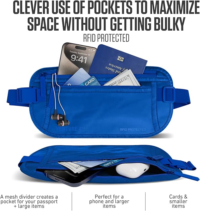 VENTURE 4TH Money Belt for Travel – Hidden Under-Clothes RFID Blocking Passport Holder & Slim Travel Wallet Pouch for Men & Women to Protect Cash, Cards & Documents (Sleek Blue)