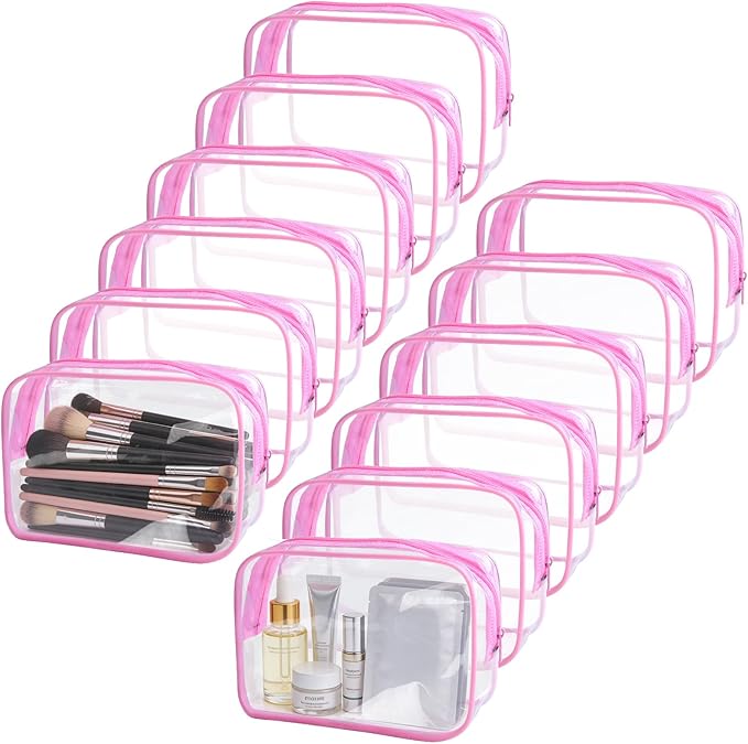 12 Pieces Clear Makeup Bags Bulk, TSA Approved Toiletry Bag PVC Cosmetic Toiletries Pouch with Zipper, Waterproof Vinyl Plastic Organizer Case for Carry-on Travel Essentials (Pink Medium)