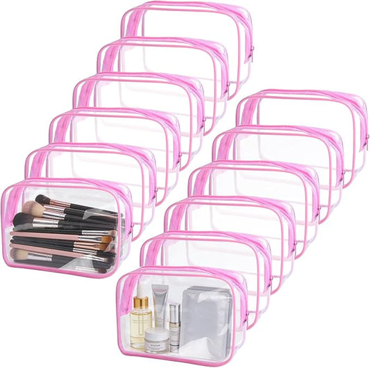 12 Pieces Clear Makeup Bags Bulk, TSA Approved Toiletry Bag PVC Cosmetic Toiletries Pouch with Zipper, Waterproof Vinyl Plastic Organizer Case for Carry-on Travel Essentials (Pink Medium)