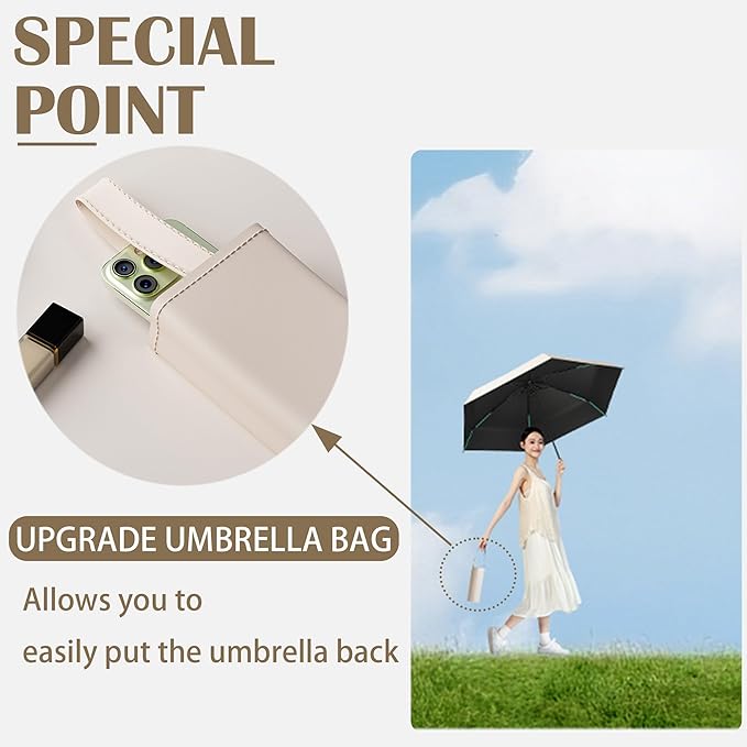 Mini Folding Travel Umbrella with Built-in Hidden Telescoping Handle,Teflon Coating, UPF 50+,UV Protection,Compact Lightweight Portable,6 Ribs Design,Small,Sun/Rain,Women/ Kids/Girls,Backpack Car
