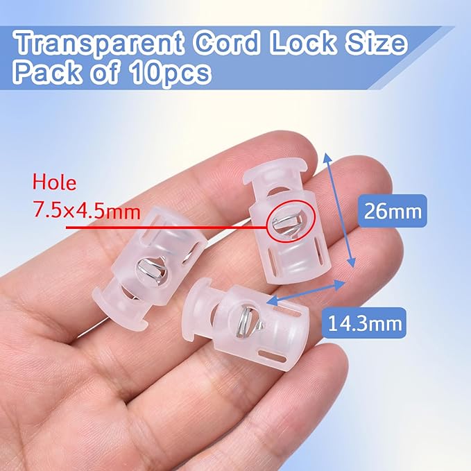 CooBigo 10PCS Plastic Clear Cord Locks for Drawstring, Small Paracord Spring Toggle Stopper Clasp Elastic Shoeslace Lock Gloves Sweatpants Hoodie Hats String Clips Bungee Swim Goggles Replacement