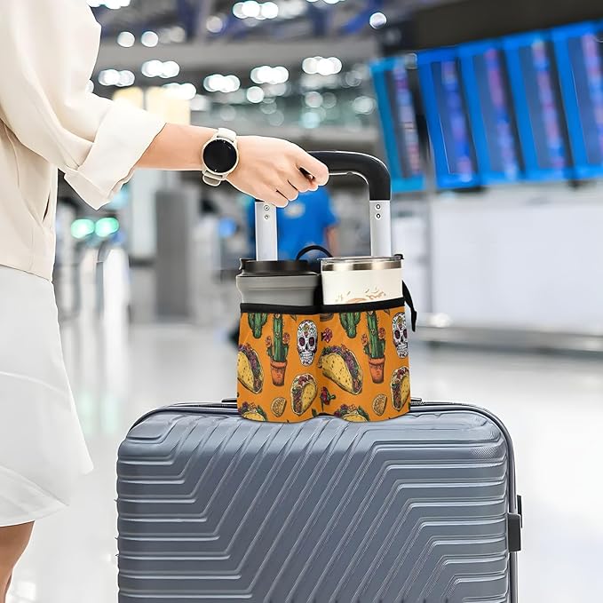 Luggage Cup Holder for Suitcases Free Hands Travel Cup Holder Portable Suitcase Cup Drink Holder Luggage Cup Caddy Bag Carrier Orange Mexico Tacos Chilis Skulls