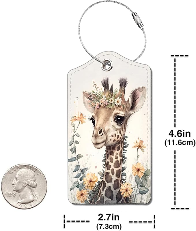 2 Pack Luggage Tag for Suitcase, Cute Unique Leather Bag Tags Identifiers Privacy Cover ID Label with Durable Steel Loop for Women Men Kids Girls Travel，GiraffeH