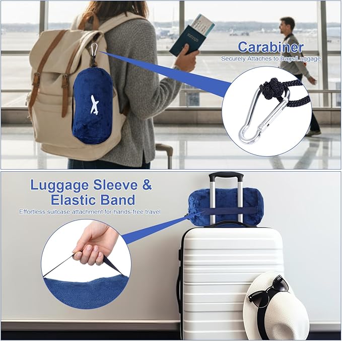 Peryiter 6 Sets Bulk Travel Blanket Pillows for Long Flight Sleeping 50 x 60 Inches Soft Flannel Packable Airplane Flight Blanket 2 in 1 Combo Warm Traveling Plane Essentials (Navy Blue)