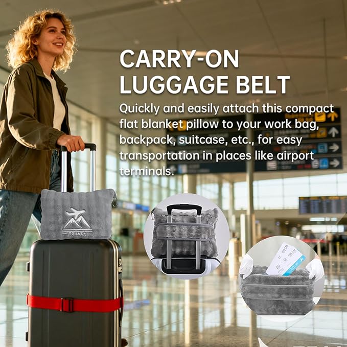 Travel Blanket and Pillow-2-in-1, Ultra-Soft&Compact,Airplane Blanket with Hand Luggage Belt and Backpack Clip,Travelers Accessories Gifts, 61x43 Inches（Gray）