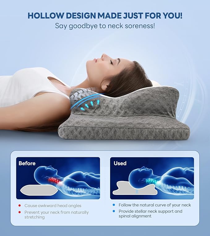 No More Aches Neck Pillow for Pain Relief, Adjustable Cervical Pillow for Neck Support with Armrest,Odorless Ergonomic Contour Memory Foam Pillows,Orthopedic Bed Pillow for Side Back Stomach LightGrey