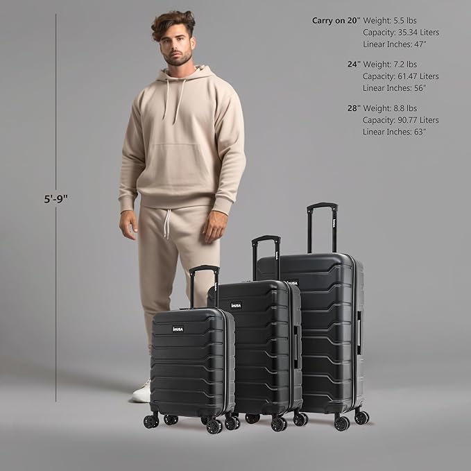 InUSA TREND Luggage with Spinner Wheels | Durable Lightweight Hardshell Suitcase,Travel sets with Handle and Trolley | (20in, 24in, 28in) 3 Piece Set | Black