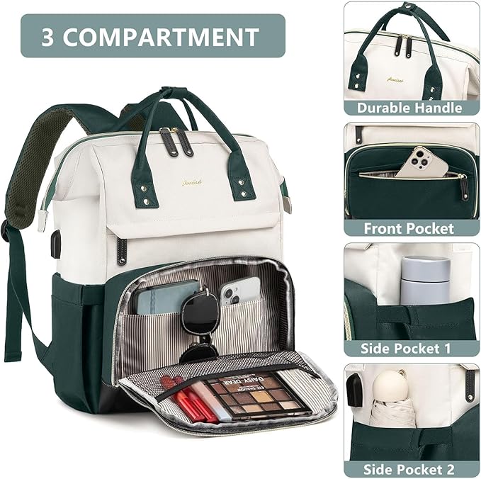 Laptop Backpack Women Work Bag: 15.6 inch Work Bookbag with USB Charging Port Large Travel Backpack Purse for College Nurse Casual Daypack for Teacher Professional Computer Backpack Beige Green