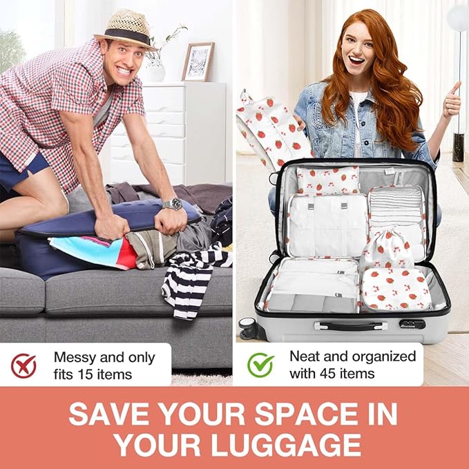 8 Set Packing Cubes for Suitcases,Packing Cube with Shoe, Cosmetics, Clothing, and Accessories Bags Packing Cubes for Travel Luggage Organizer Women Men(Strawberry Bows)