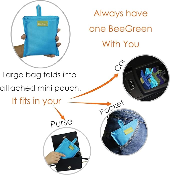 BeeGreen Light Blue Reusable Shopping Bags Wholesale Blue Reusable Grocery Bags Bulk Foldable-Machine Washable with Zipper Storage Pouch 20 Pieces