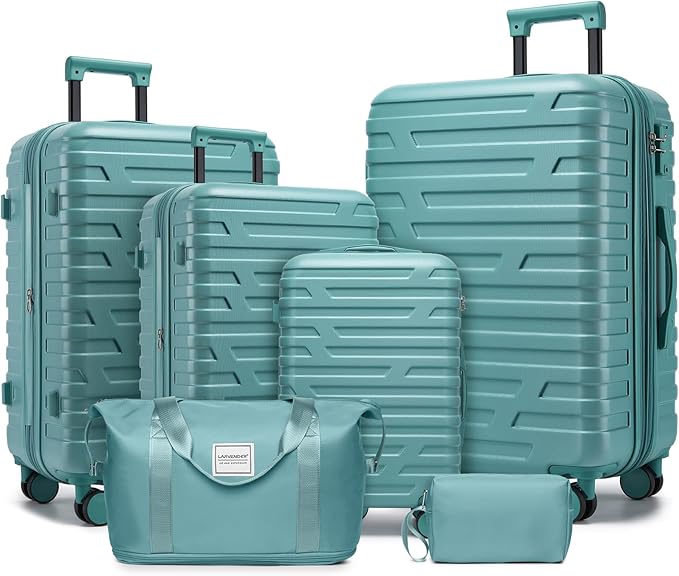 Misty Blue 6 Piece Luggage Set Hard Shell - Expandable Suitcases with Spinner Wheels and Duffel Bags for Family Travel, Durable Carry On Luggage Sets with Lock for Women and Men