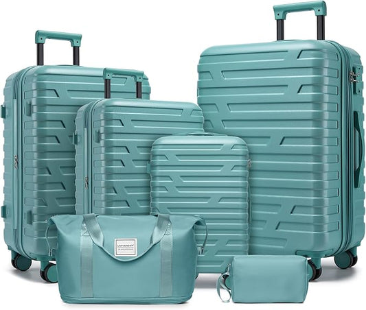 Misty Blue 6 Piece Luggage Set Hard Shell - Expandable Suitcases with Spinner Wheels and Duffel Bags for Family Travel, Durable Carry On Luggage Sets with Lock for Women and Men
