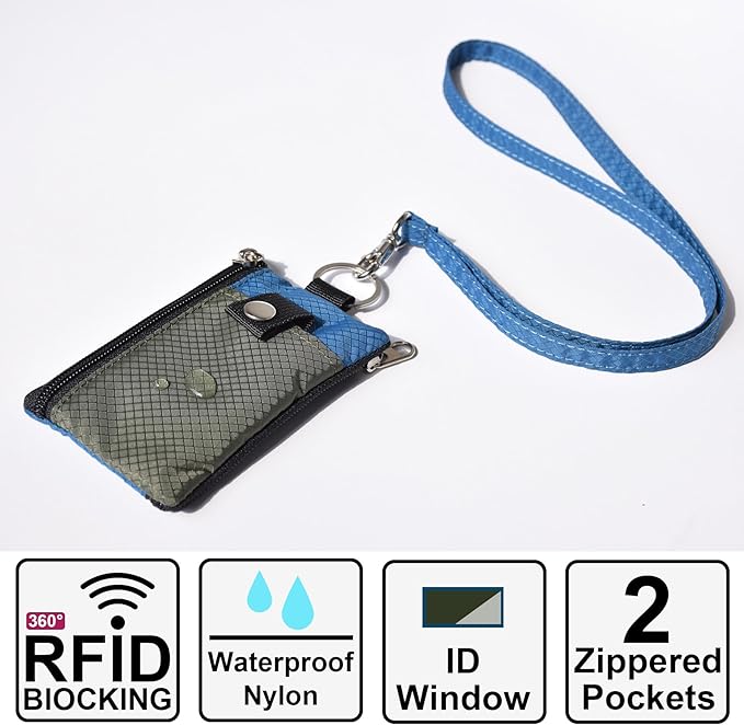 CHENSPRX Minimalist RFID Blocking Small Wallet with ID Window,WaterResistant Zip Id Case Wallet with Lanyard Keychain for Cards,Cash,Travel,Women,Men