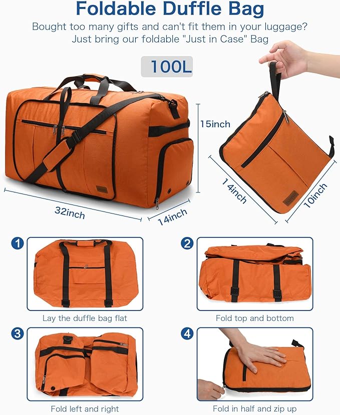 100L Travel Duffle Bag for Men, Urtala 32” Large Duffle Bag for Traveling with Shoe Compartment, Foldable Travel Duffel Bag for Men Women Waterproof & Tear Resistant (Orange, EXTRA LARGE, 100L)