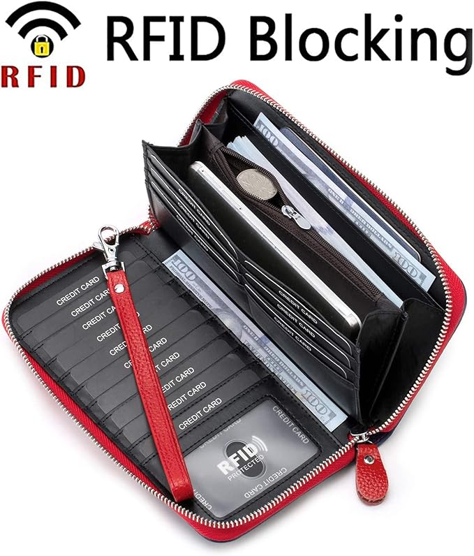 Moflycom Womens Wallet RFID Blocking Genuine Leather Multi Credit Card Large Capacity Zip Around Clutch Travel Purse Wristlet