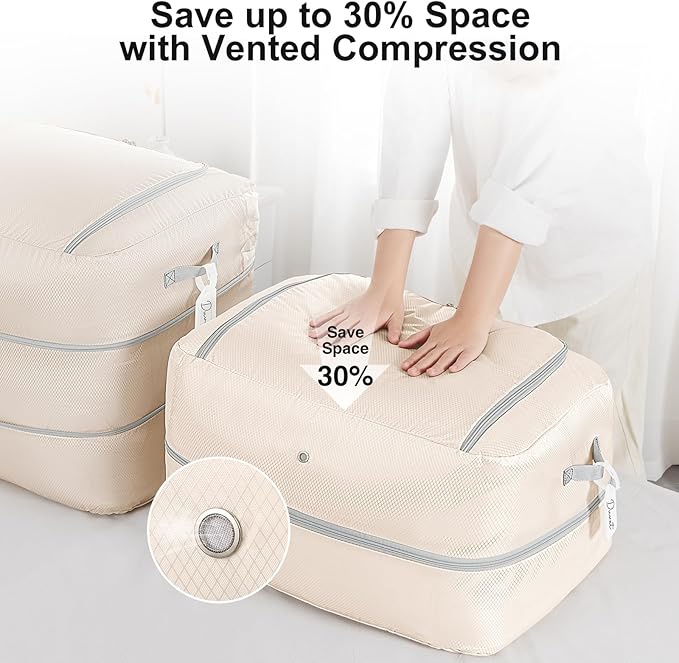 Comforter Storage Bag - 110L Large Capacity Blanket Storage Bags 2-Layer Ultra Space Saving Self Compression Organizer, Washable Compression Bags for Storage Comforter Blanket, 6-Pack, Beige