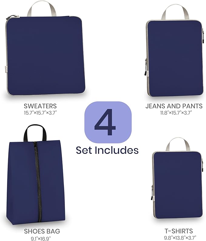 Compression Packing Cubes for Travel, Set of 4 Expandable Luggage Organizers with Shoe Bag, Lightweight Water-Resistant Suitcase Essentials for Carry-on & Checked Luggage, Blue
