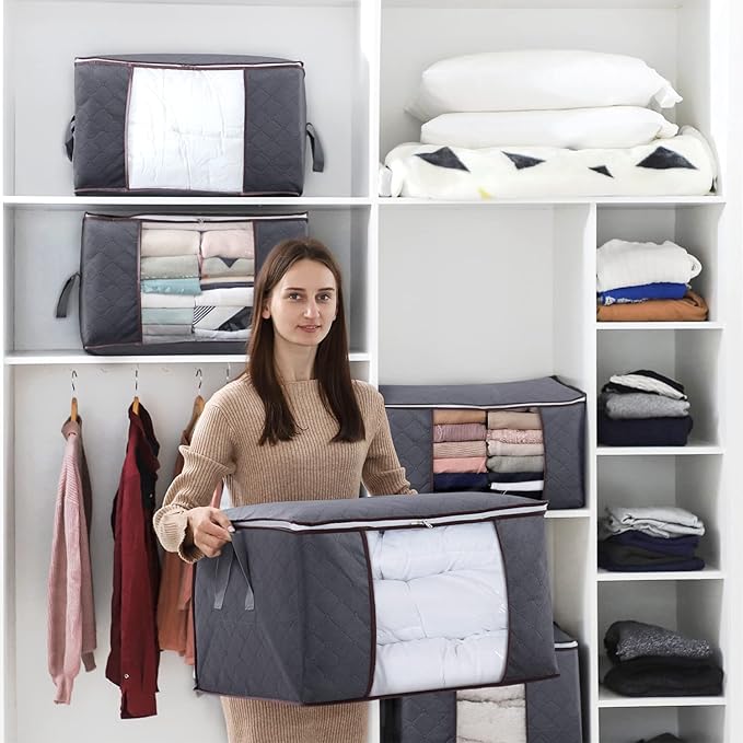 Lifewit 3 Pack 90L Clothes Storage Bins with Lids, Foldable Blanket Storage Bags with Zippers, Clear Window and Reinforced Handles, Closet and Organization for Clothing, Sweater, Comforter, Bedding