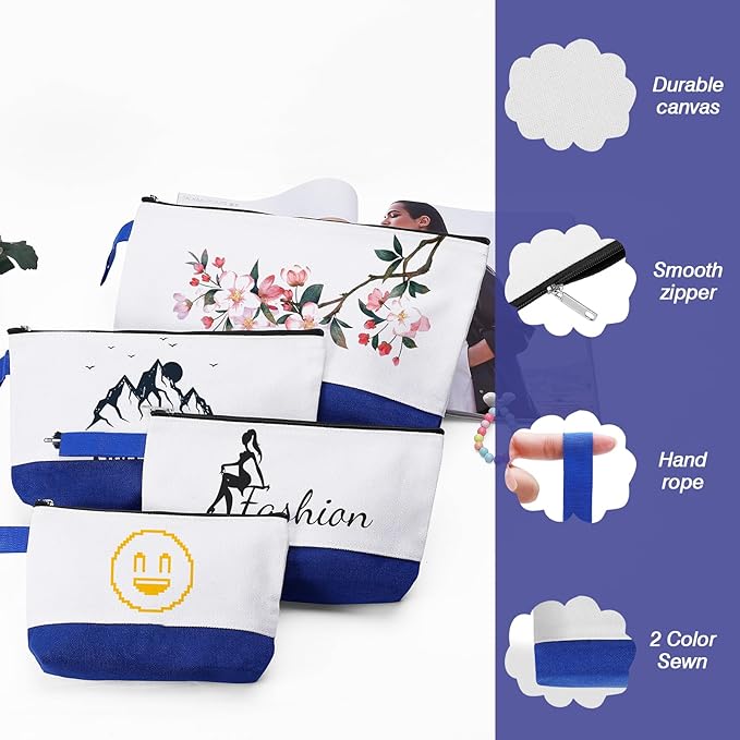 10 Pieces Cotton Canvas Makeup Bag with Bottom and Strap, Multi-Purpose Cosmetic Bag with Zipper Travel Toiletry Pouch, Blank DIY Craft Bag (White&Blue, L)