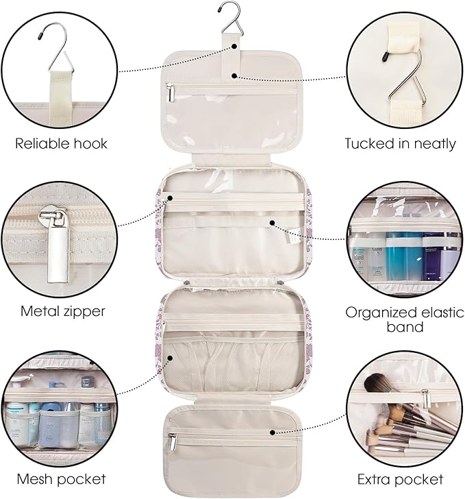 Narwey Travel Toiletry Bag for Women Large Hanging Makeup Bag Organizer Toiletries Bag for Full Size Essentials Accessories Cosmetics (Dusty Pink Flower (Large))