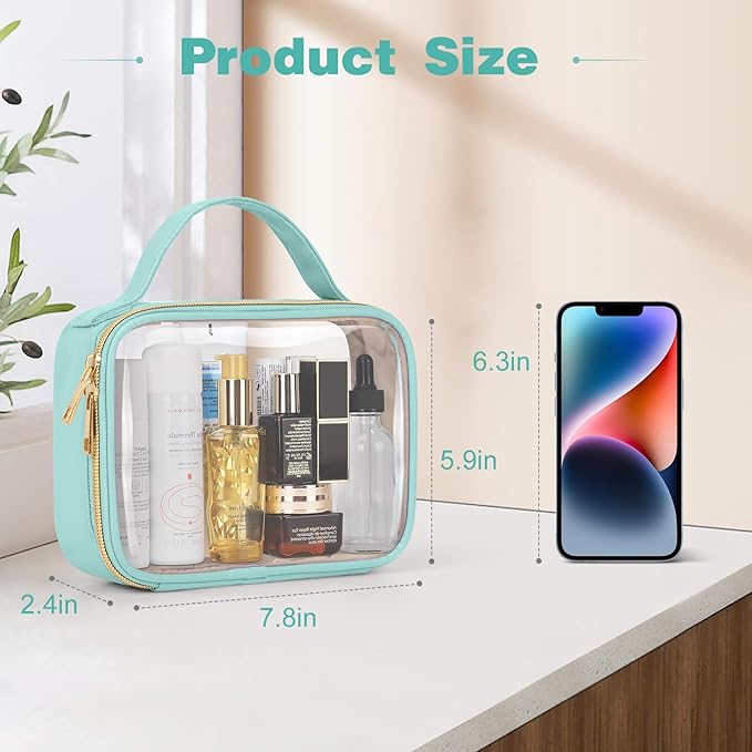 Wedama TSA Approved Toiletry Bag, 2 Pack Clear Makeup Bags with Handles, Quart Size PVC Clear Cosmetic Bags for Women and Men, Carry on Airport Airline Compliant Bag, Cyan Green