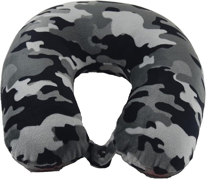 Adult Cozy Soft Microfiber Neck Pillow for Travel – Compact, Machine Washable - Perfect for Airplane, Car, or Home Use - Filled and Finished in The USA – Black Camo