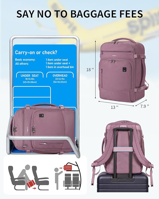 ECOHUB Travel Backpack for Women, 18x14x8 Spirit Airlines Personal Item Bag with Clear Toiletry Bag, Laptop Carry on Backpack with USB Port, Airline Approved Under Seat 14 Pockets 30L, Pink