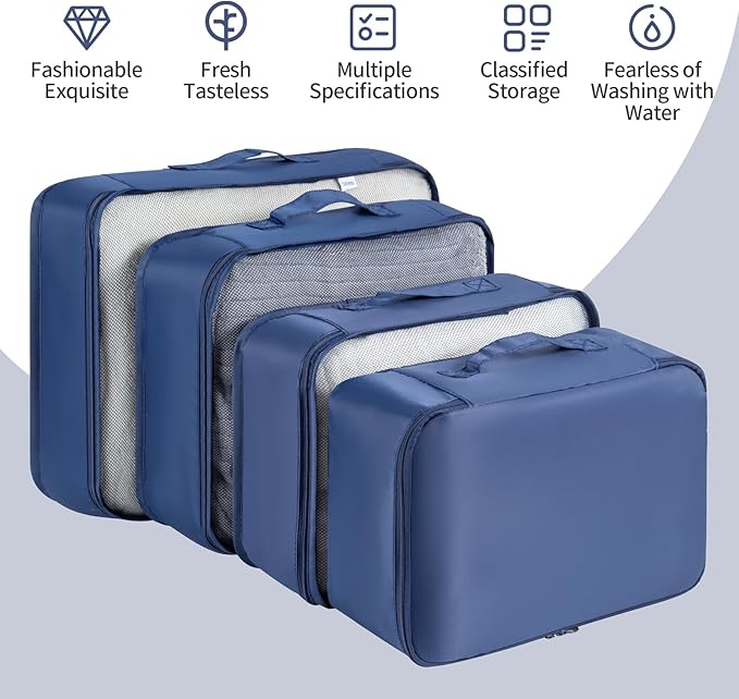 9 Set Packing Cubes for Travel Essentials, Suitcase Organizer Bags for Airplane Road Trip Camp - Navy Blue