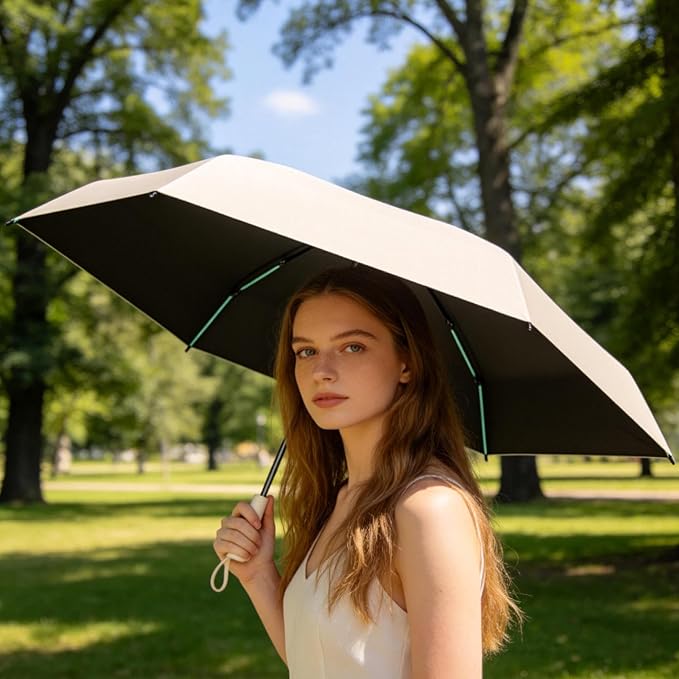 Mini Folding Travel Umbrella with Built-in Hidden Telescoping Handle,Teflon Coating, UPF 50+,UV Protection,Compact Lightweight Portable,6 Ribs Design,Small,Sun/Rain,Women/ Kids/Girls,Backpack Car