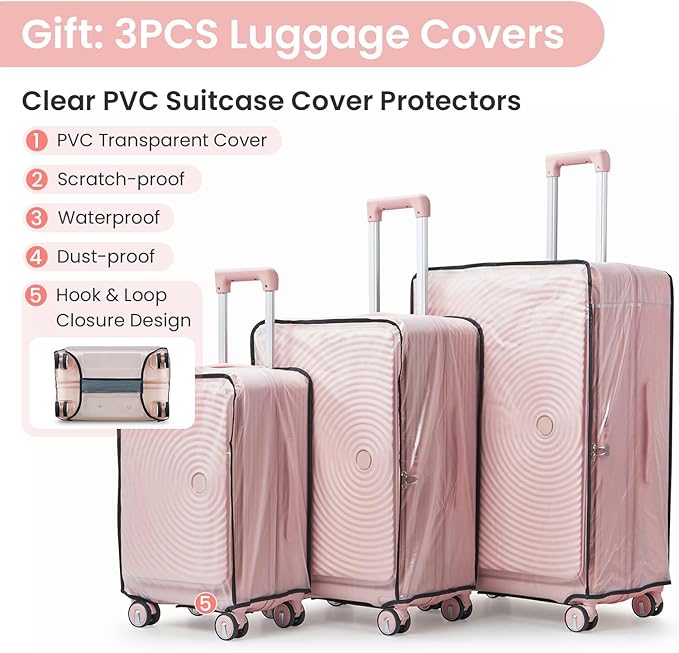 3 Piece Luggage Set 100% PC Hardshell, Front Opening Expandable Suitcase (20/24/28) with Laptop Compartment & Free Custom PVC Covers, Trunk Style Lightweight Spinner Wheels TSA Lock (Pink)