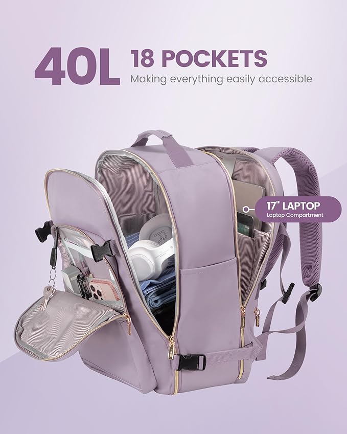 LOVEVOOK Travel Backpack for Women & Men 40L,Airline Approved Carry On Backpack Travel Essentials,TSA Carry on Luggage,Waterproof Personal Item Travel Bag,Suitcase with 3 Packing Cubes,Light purple