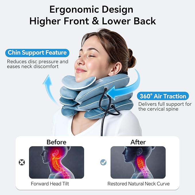 Babaka Cervical Neck Traction Device for Instant Neck Pain Relief, Inflatable & Adjustable Neck Stretcher Neck Support Brace, Neck Brace Pillow for Home Use Neck Decompression (11"- 17")