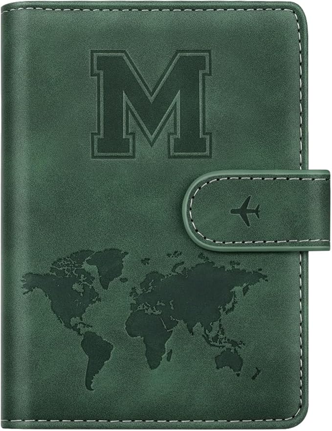 Personalized M Passport Holder Cover Initial Letter Travel Wallet RFID Blocking Passport Cover Credit Card Holder Case Passport Book Holders for Women and Men, Pine Green-M