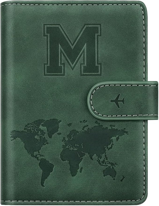 Personalized M Passport Holder Cover Initial Letter Travel Wallet RFID Blocking Passport Cover Credit Card Holder Case Passport Book Holders for Women and Men, Pine Green-M