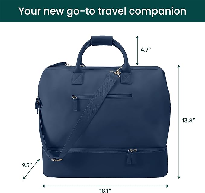 NOBL Travel Weekender Bag for Women & Men, Large Duffel Carry-On Tote with Trolley Sleeve, Separate Shoe Compartment & Laptop Pocket, Leather Overnight Bag for Airplane, Road Trips - Midnight blue