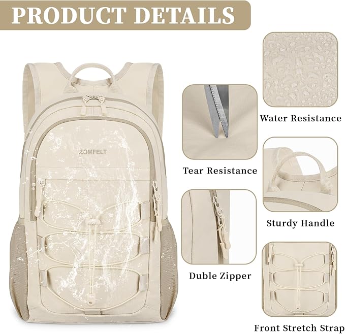 ZOMFELT Hiking Backpack for Women Men, 25L Lightweight Packable Backpacks for Trip, Water Resistant Small Travel Backpack, Foldable daypack for Hiking, Walking, Cycling, Camping, Beige