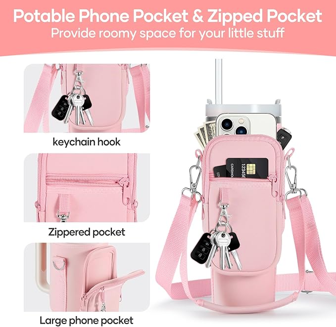 linmaya Water Bottle Carrier Bag for Stanley Cup 40/30oz with Phone Holder Pockets,Neoprene Water Bottle Cross-body Bag with Adjustable Shoulder & Hand Strap Stanley Cup Accessories