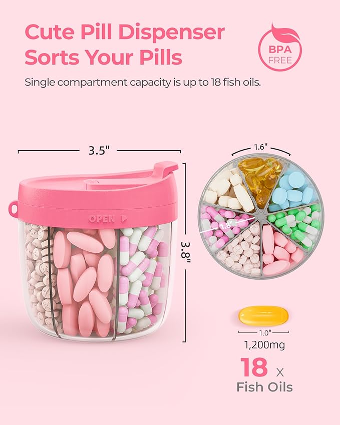 Cute Pill Dispenser with 7 Large Compartments, Portable Pill Bottle Organizer with Wide Opening for Easy Use, Anti-Mix Pill Organizer for Travel, BPA-Free Pill Container, Hot Pink