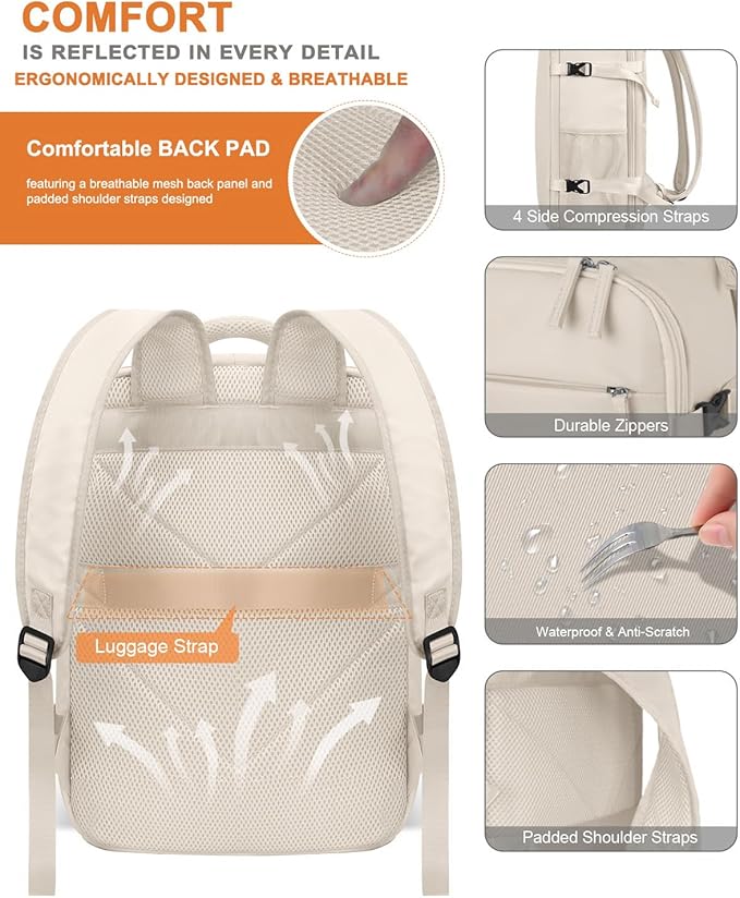 Capolo Travel Backpack for Women Men Waterproof Laptop Backpack Airlines Approved Carry On Backpack Bag Computer Bookbag for Business, Work, Traveling Fits 17 Inch Laptop(Beige)