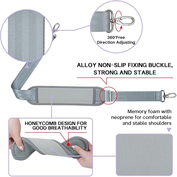 60 Inch Shoulder Strap with Removable Ultra-Thick Pad，Adjustable Buckles and Metal Hooks