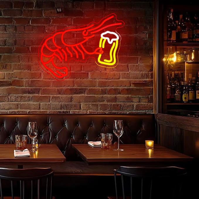 Shrimp Beer Neon Sign for Wall Decor Lobster Neon Light Bar Led Signs Red Shrimp Neon Light Up Sign for Bar Bedroom Shop Kitchen Mall Decoration