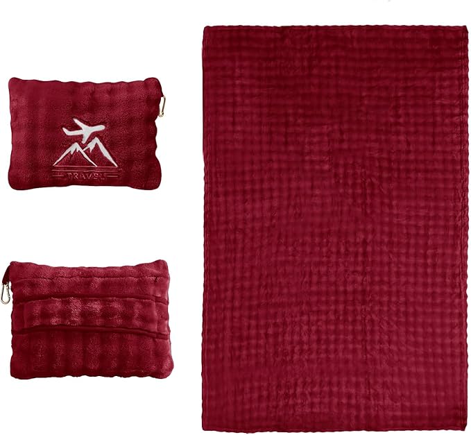 Travel Blanket and Pillow-2-in-1, Ultra-Soft&Compact,Airplane Blanket with Hand Luggage Belt and Backpack Clip,Travelers Accessories Gifts, 61x43 Inches（Burgundy）