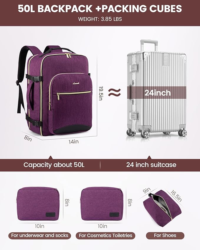 LOVEVOOK Travel Backpack for Women & Men 50L,Airline Approved Carry On Backpack Travel Essential,TSA Carry on Luggage,Waterproof Personal Item Travel Bag,Suitcase with 3 Packing Cube,Dark purple-Black