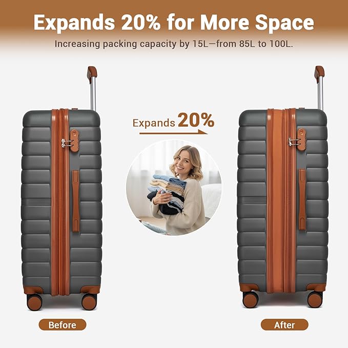 Kono Expandable 28 Inch Luggage with Spinner Wheels, Large Checked Luggage with Lock, Lightweight & Anti-Scratch PC+ABS Hardshell Travel Suitcase, Grey/Brown