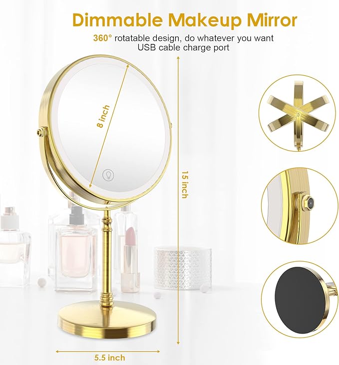 DEIOVWXS Makeup Mirror, 3000mAh Rechargeable Double-Sided Magnifying Vanity Mirror with 3 Colors, 1X/10X, 360° Rotation, Adjustable Brightness, Gifts for Mom, Women,Wife, Girls, Dorm Room Essential